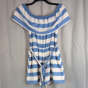 Blue and White Striped Off-Shoulder Romper with Ruffle Detail